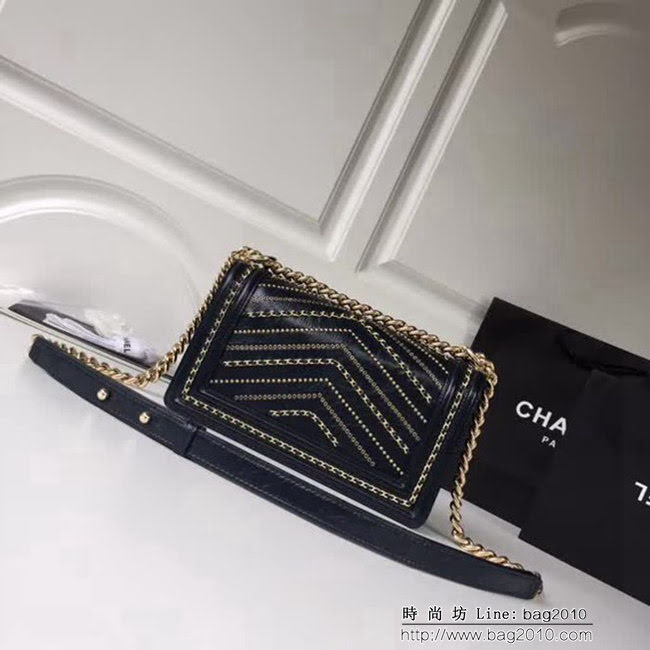 香奈兒CHANEL 藍色2018FW款皺紋小牛皮編織V線鏈條單肩斜挎包 DSC2114